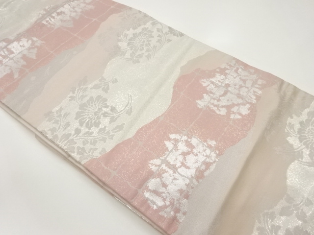 銀金通し道長取に格子・花々模様織出し名古屋帯